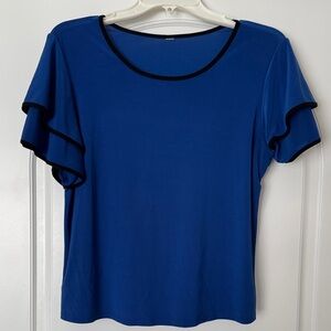 Chic Blue Blouse with Black Accents and Ruffle Sleeves